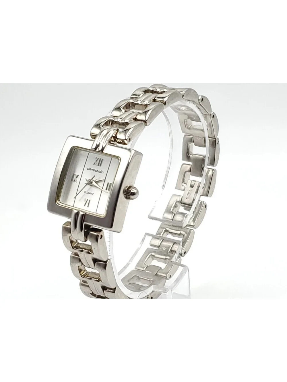 Pierre Cardin Quartz Watch  Women New Battery Silver Tone Square White Dial 21mm